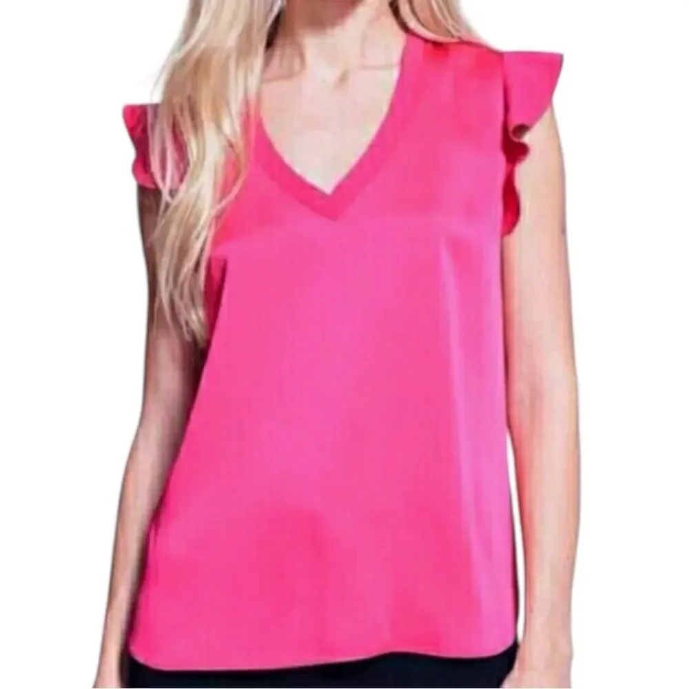 Kate Spade Women’s Size M Pink V Neck Ruffle Flutter Cap Sleeve Satin Crepe Top